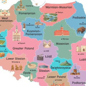 Printable Poland country map with colorful illustrations