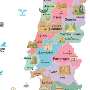 Illustrated Portugal map with landmarks and cultural elements