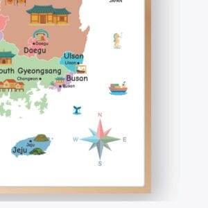 Colorful South Korea illustrated geography wall art