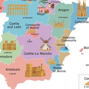 Colorful Spain geography wall art with regional boundaries