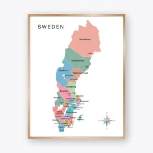 Sweden Map Poster with counties and major cities