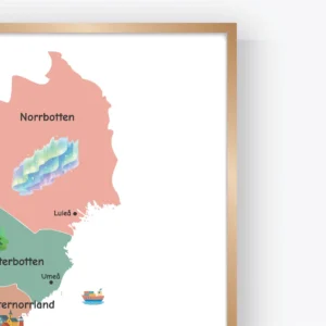 Sweden geography map with colorful landmark illustrations