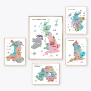 UK Cultural Map Bundle with United Kingdom England Scotland Wales and Northern Ireland maps