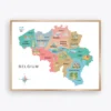 Belgium Illustrated Map Poster with provinces and capital cities