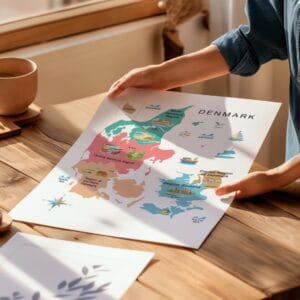 Illustrated Denmark Map educational printable for kids