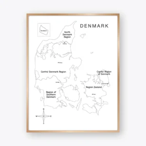 Denmark Outline Map with regions and cities in black and white