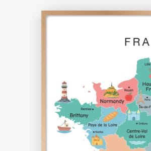 Colorful illustrated map of France for kids geography learning
