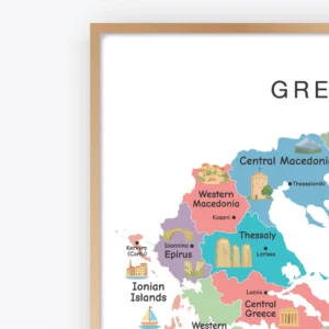 Colorful illustrated Greece map for classroom geography learning