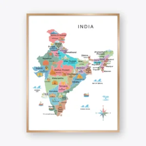 ndia Illustrated Map Poster with colorful states and landmarks