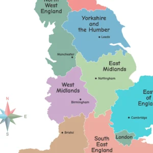 England regions and cities educational wall art