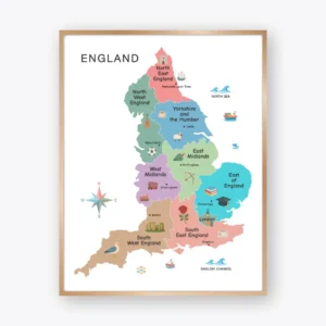 Colorful England map with regions for classroom geography learning