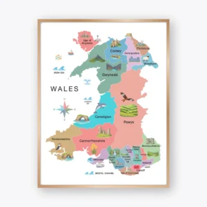Wales Illustrated Map Poster with regions and cities