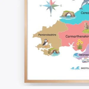 Wales map with cities and illustrated geographic details
