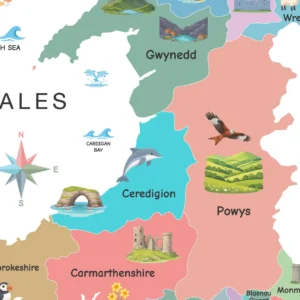 Educational Wales regional map for children's wall decor