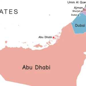 Printable United Arab Emirates map with emirates and cities