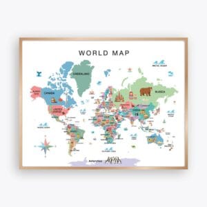 World Map for Kids with countries and playful illustrations
