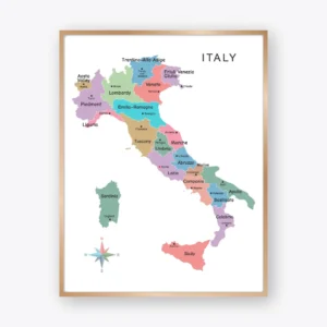Italy Map Poster with colorful regions and capital cities