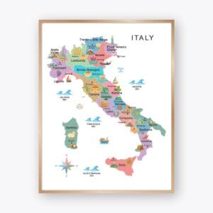 Illustrated Italy Map Poster with regions cities and landmarks