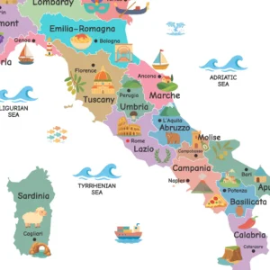 Printable Italy geography poster with colorful regional illustrations