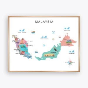 llustrated Malaysia Map Poster with states, cities, and landmarks