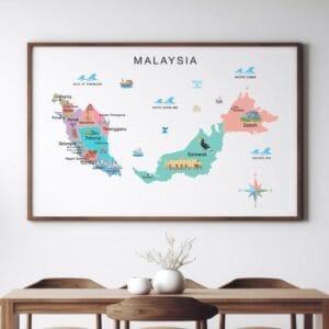 Educational illustrated Malaysia map for homeschool learning space