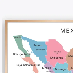 Educational Mexico map with colorful states and major cities