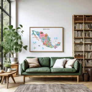 Colorful Mexico geography wall art with states and major cities