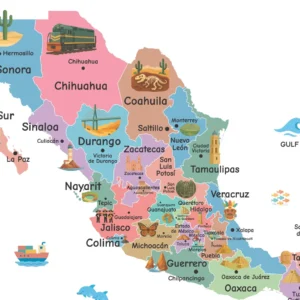 Printable Mexico illustrated map for homeschool learning