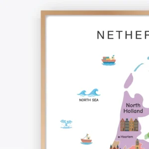 Colorful Netherlands map with provinces and Dutch cultural landscapes