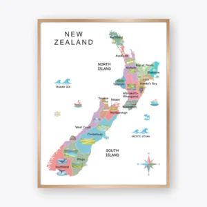 Illustrated New Zealand Map Poster with colorful regions and landscapes