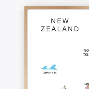 New Zealand illustrated map showing North Island and South Island