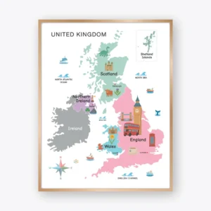 Colorful United Kingdom geography maps with cultural illustrations