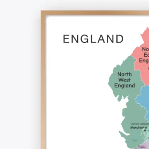 England map with regions for classroom geography learning