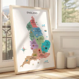 Illustrated England map with colorful regional icons