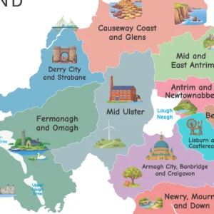 Educational UK geography poster featuring Northern Ireland districts