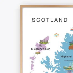 Colorful Scotland map with illustrated cultural and natural icons