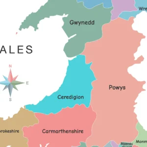 Printable Wales map with clearly labeled geographic areas