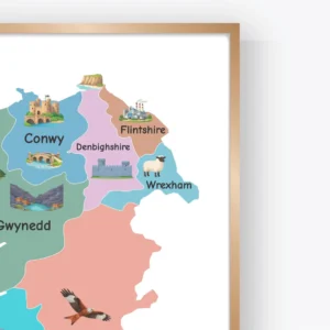 Colorful Wales geography poster with regional labels
