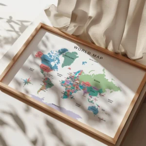 Large format world geography poster for classroom decor