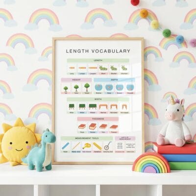 Length height width depth and thickness vocabulary poster for kids
