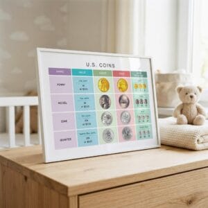 Educational money poster showing coin names and values