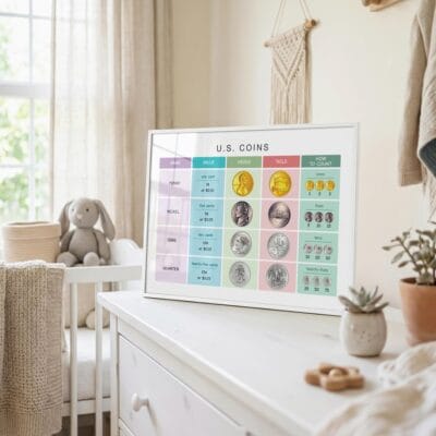 U.S. currency chart with heads and tails for kids