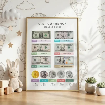 Dollar bills and coin values educational wall art for students