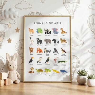 Asian wildlife chart with animal names for children