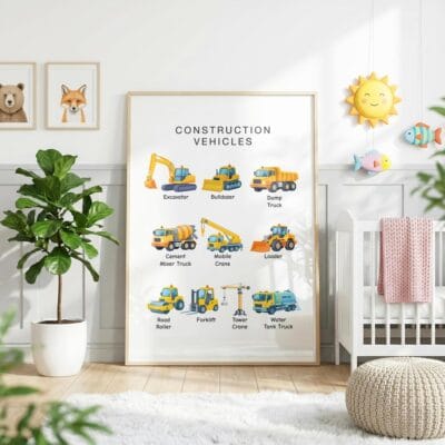 Heavy equipment vocabulary poster for kids
