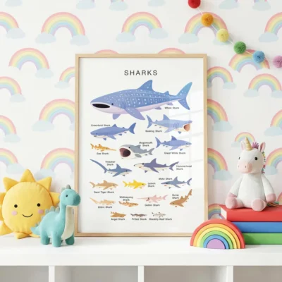 Shark identification poster with 18 types of sharks