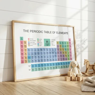 Educational periodic table with atomic numbers symbols names and masses