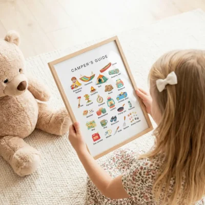 Educational camping poster with illustrated outdoor items