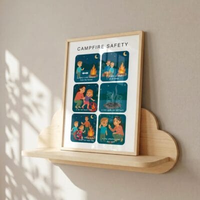 Camping safety printable with six illustrated reminders