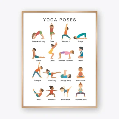 Yoga Poses Poster with 16 illustrated yoga positions for kids